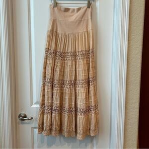 Now & Then tan dress lace overlay 3/4 lined Sz S Strapless